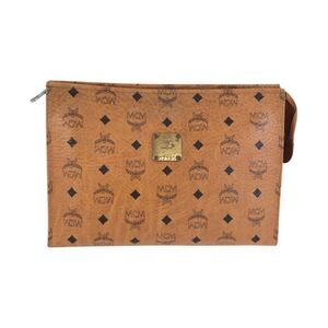MCM Visetos Brown Leather Clutch Bag (07191) with Gold Hardware - Men's
